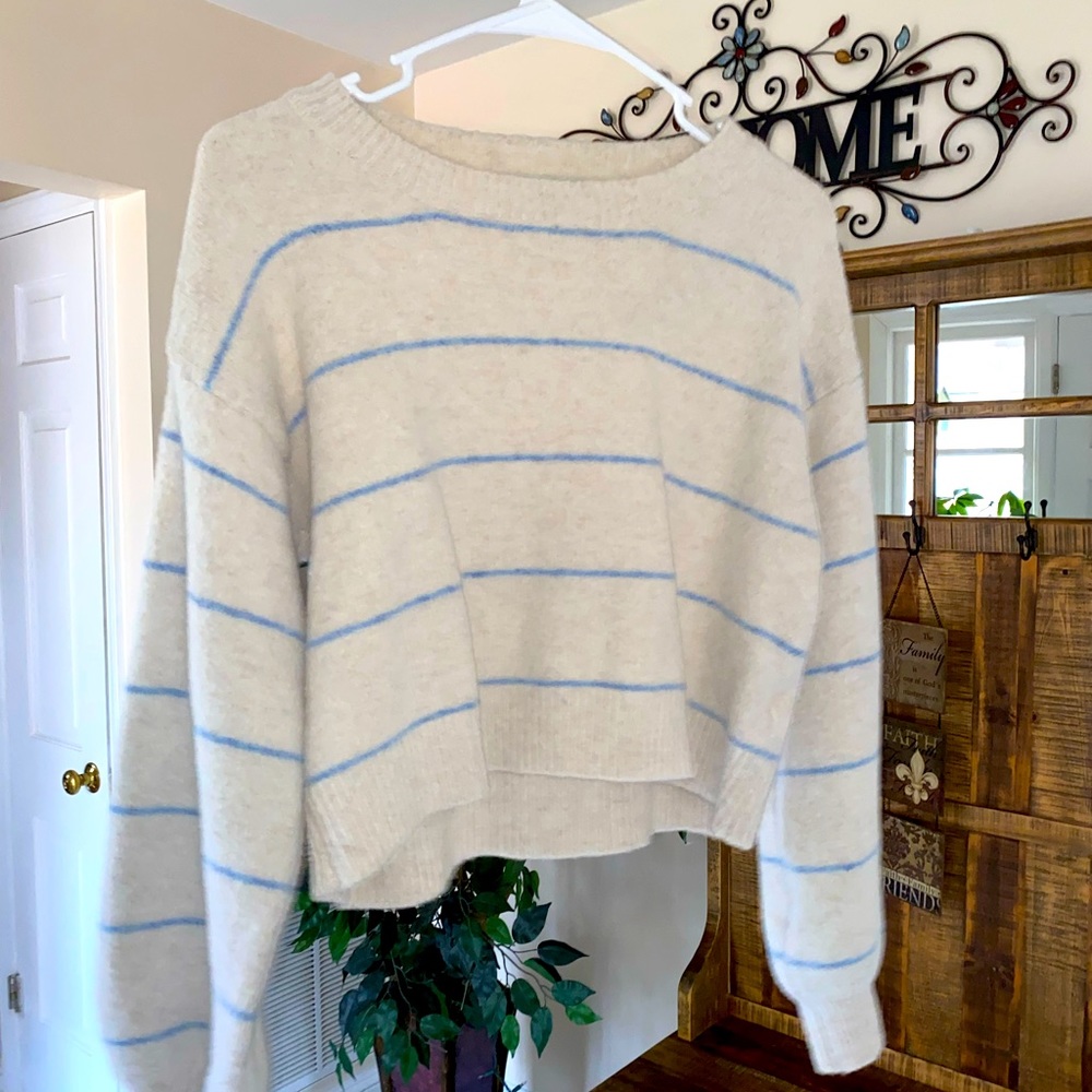 cream colored sweater with blue thin stripes | M | SHEIN | $7 |